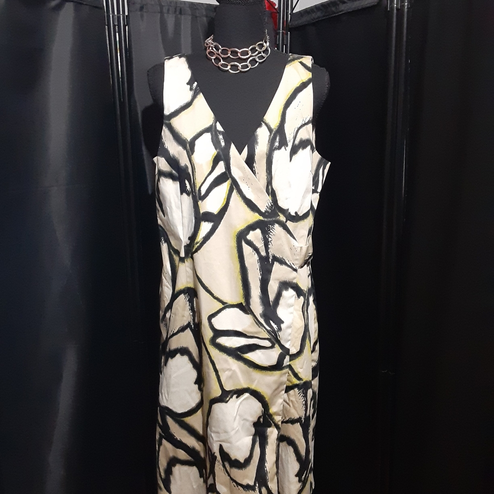 Ann Taylor Black and Cream Abstract Midi Wrap Design Dress Sleeveles Women's 12